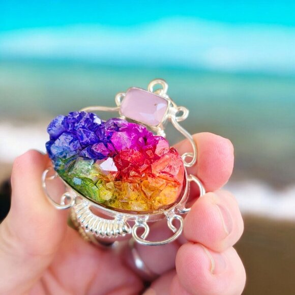 Rainbow Garnet ✦ Rose Quartz Pendant ✦ Sterling Silver Gem Cluster NWT - Picture 2 of 10